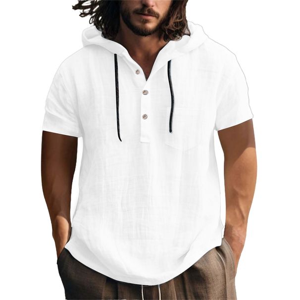 2026 New European American Style Cotton And Linen Shirt Sweatshirt Short Sleeve Hooded Spring Summer Casual Men's Beach_viptrois.com