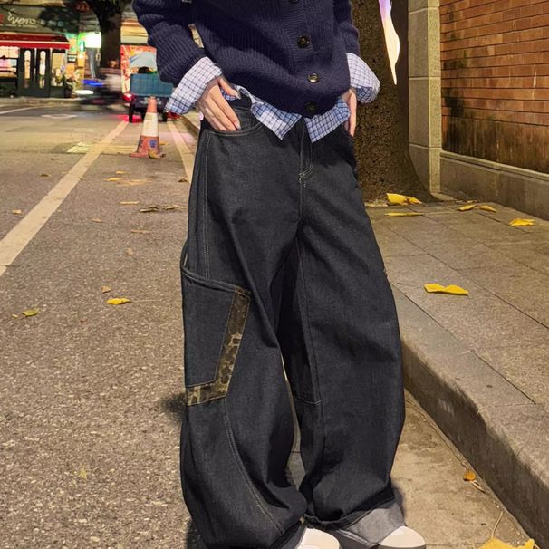 Men's Clothing Old Rubbed Color Jeans Design Reverse Waist Wide Leg Pants_viptrois.com
