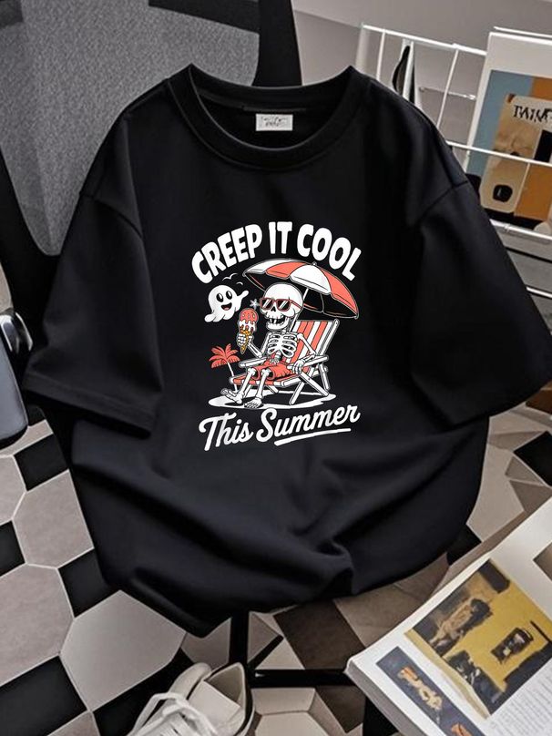 Cute Summerween Ghost Funny Beach Halloween T-Shirt Casual Print Round Neck Short Sleeve Streetwear T-Shirt For Women Casual Designer Clothes Stylish Unisex Slightly Breathable Stretched Top For Everyday Wear Comfortable Graphic Fashion Female_viptrois.com