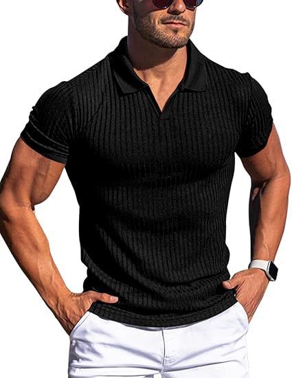 Men's Clothing New Polo Shirt Lapel V Neck Vertical Stripe Short Sleeved Men's T Shirt_viptrois.com