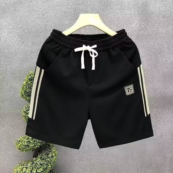 Men's European Style Casual Shorts Embroidered Trendy Summer Five Point Black Polyester mid Waist Baggy Sports Beach Pants_viptrois.com