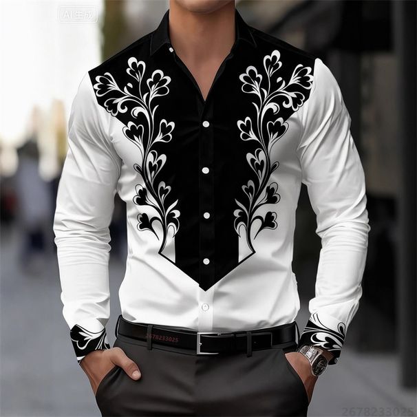 Camisa De Manga Larga Para Hombre Con Bloques De Color Azul Y Blanco, Estampado Floral Retro, Corte Ajustado, Cuello Vuelto, Top Versátil._viptrois.com
