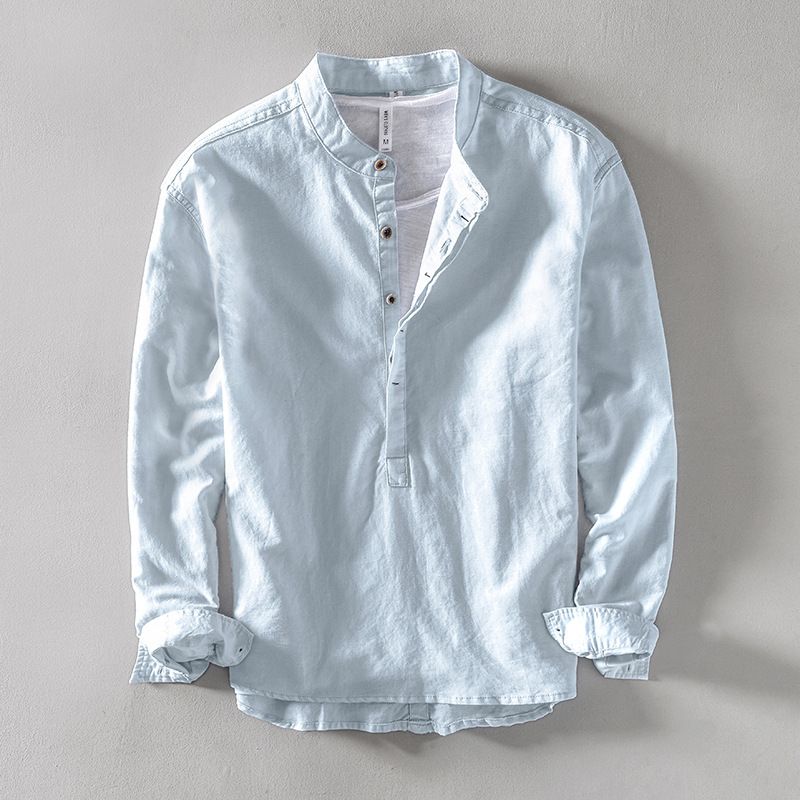 Men's Clothing Cotton And Casual Shirt Slim Solid Color Stand Collar Pullover Long Sleeve Cotton And Linen Shirt_viptrois.com