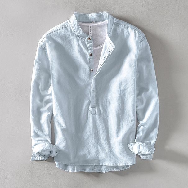 Men's Clothing Cotton And Casual Shirt Slim Solid Color Stand Collar Pullover Long Sleeve Cotton And Linen Shirt_viptrois.com