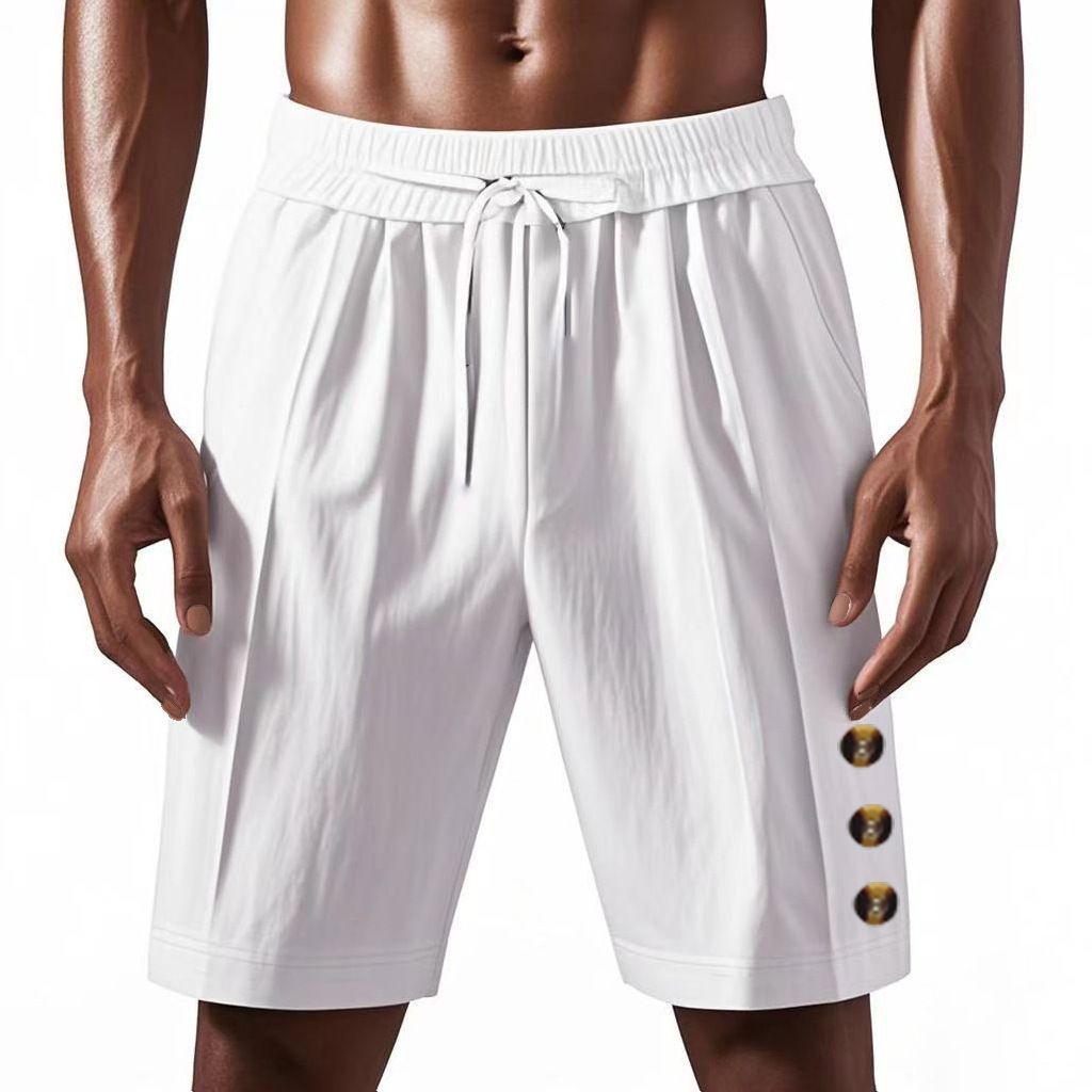 Men's Loose Linen Shorts Summer Wear Solid Color American Five Point Beach Leisure Shorts For Men_viptrois.com