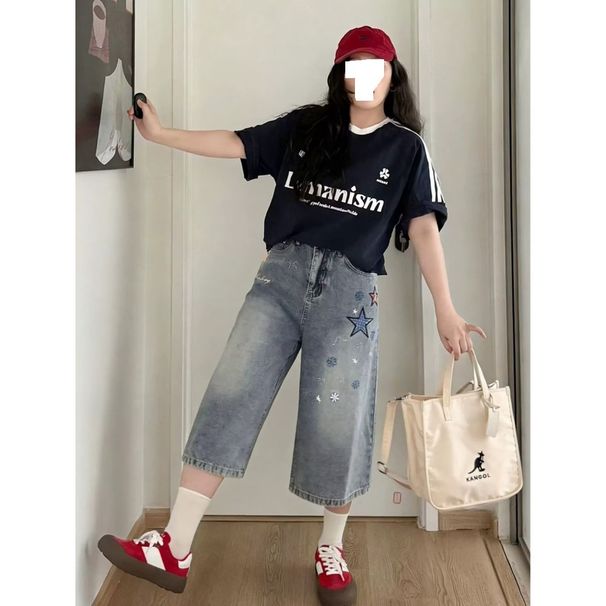 Women's High-Waisted Star Patterned Wide Leg Denim Capri Pants Style Thin Summer Straight Leg Mid-Length Shorts_viptrois.com