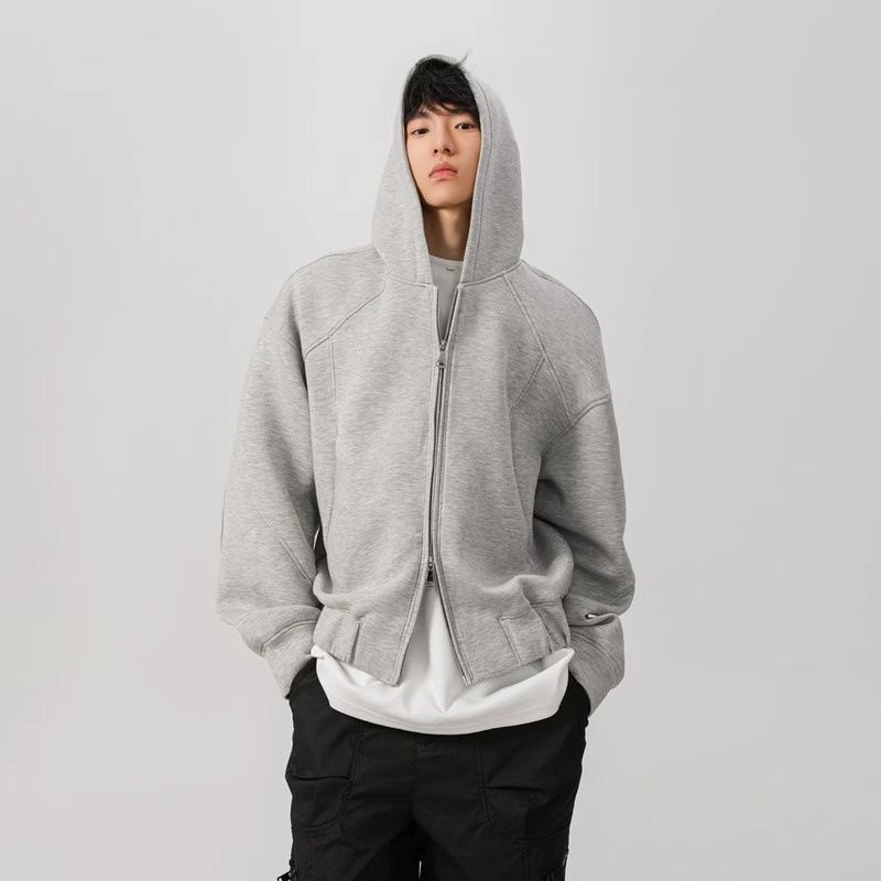 Men's Heavyweight Cleanfit Hooded Zip-Up Sweatshirt - Oversized Streetwear Jacket For Winter & Spring (Gray/Black)_viptrois.com