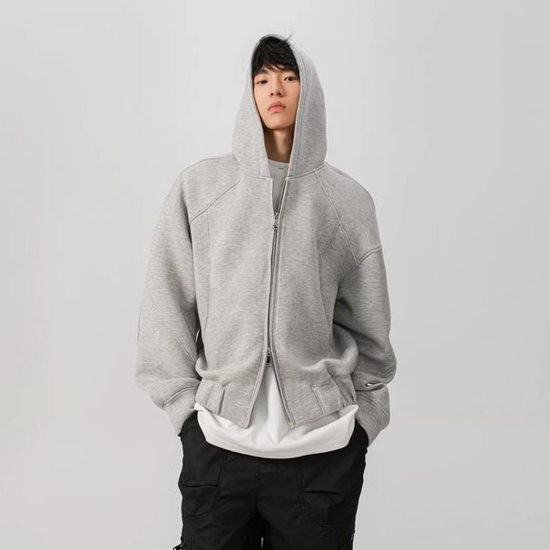 Men's Heavyweight Cleanfit Hooded Zip-Up Sweatshirt - Oversized Streetwear Jacket For Winter & Spring (Gray/Black)_viptrois.com