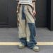 Vintage American Streetwear Washed Denim Pants Unisex Distressed Wide-Leg Jeans With Color Blocking And Curved Hem_viptrois.com