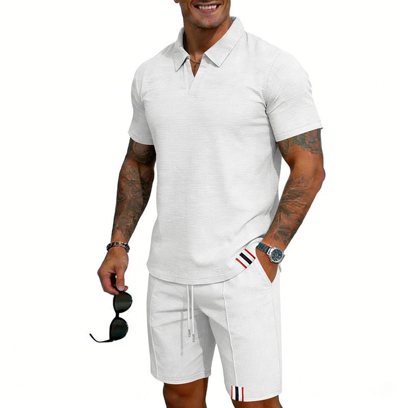 Men's Casual Polo Shirt And Shorts Suit Waffle Knit Simple Label Seagull Collar_viptrois.com