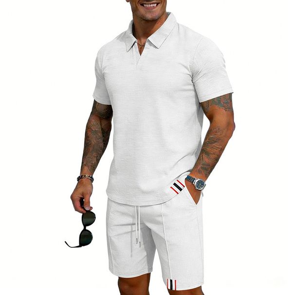 Men's Casual Polo Shirt And Shorts Suit Waffle Knit Simple Label Seagull Collar_viptrois.com