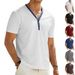 Men's Summer V-Neck Henley Short Sleeve T-Shirt Stretch Comfort Fit Casual Contrast Trim Tee Stylish V-Neck Henley Design_viptrois.com