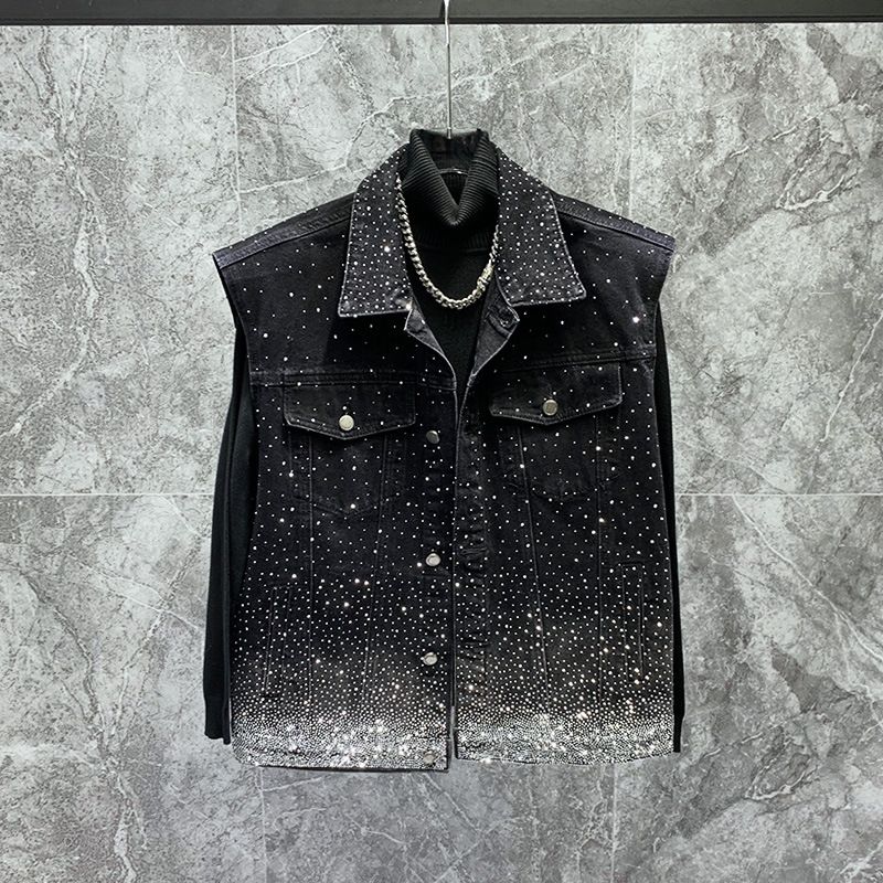 Men's Clothing High Grade Heavy Duty Hot Drilled Star Studded Denim Vest Jacket Street Rocking And Versatile Loose Sleeveless Vest_viptrois.com