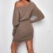 Maternity Clothes Shoulder Long Sleeved Maternity Hip Skirt Side Drawstring Slim Pregnant Women Short Dress_viptrois.com
