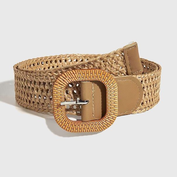 Women's Belts Hot Selling Hot Selling Women's Wooden Buckle Elastic Pp Grass Belt_viptrois.com