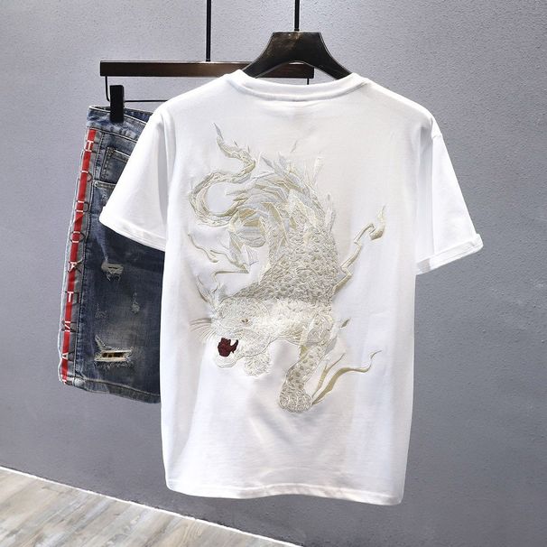 2025 Summer New Men's Handsome Short-sleeved T-shirt Fashion National Trend Loose Tiger Embroidered Half-sleeved Versatile Top_viptrois.com