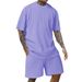 Men's Clothing Sports Solid Color Round Neck Pullover Vertical Striped T Shirt Shorts Short Sleeves Two Piece Suit_viptrois.com