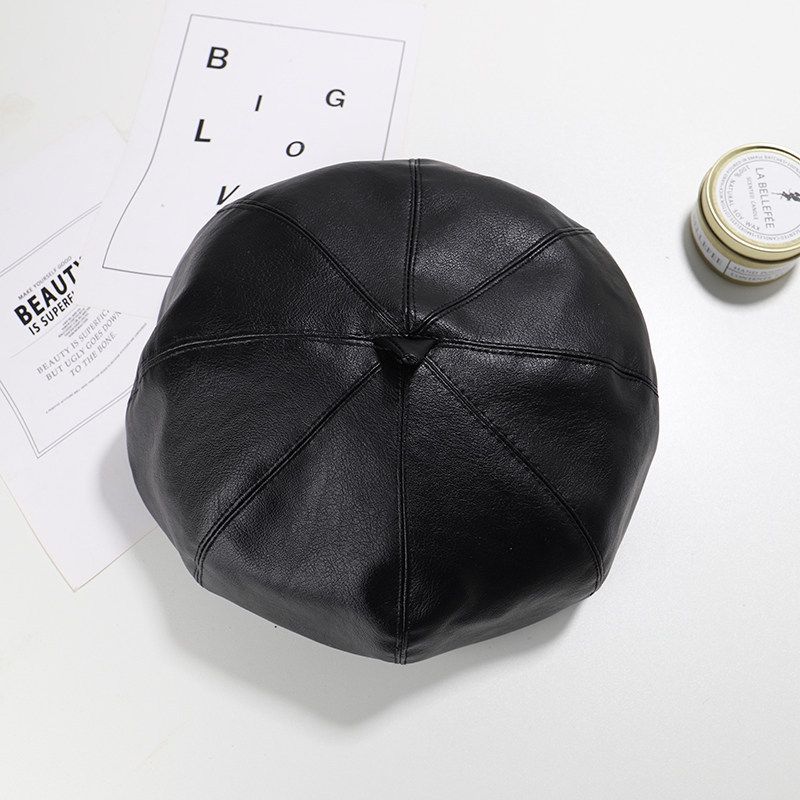Black PU Leather Baby Pumpkin Korean Style British Artist Cute Children's Beret Hat For Girls_viptrois.com