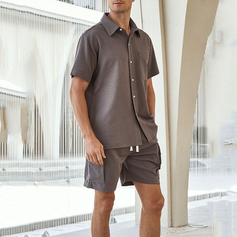 Men's Clothing Textured Vacation Shirt Casual Fashion Short Sleeved Shorts Suit_viptrois.com