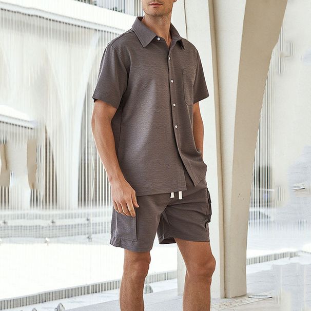 Men's Clothing Textured Vacation Shirt Casual Fashion Short Sleeved Shorts Suit_viptrois.com