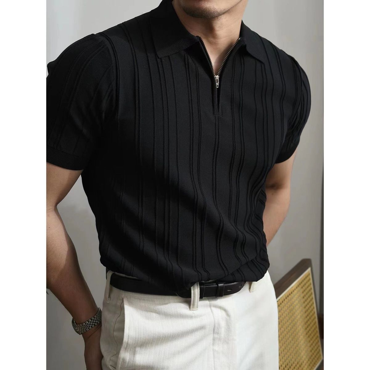 Zipper Knitted Short Sleeved Polo Shirt Men's Summer American Retro Commuting Loose Vertical Stripes Pit Lapel T Shirt Men_viptrois.com