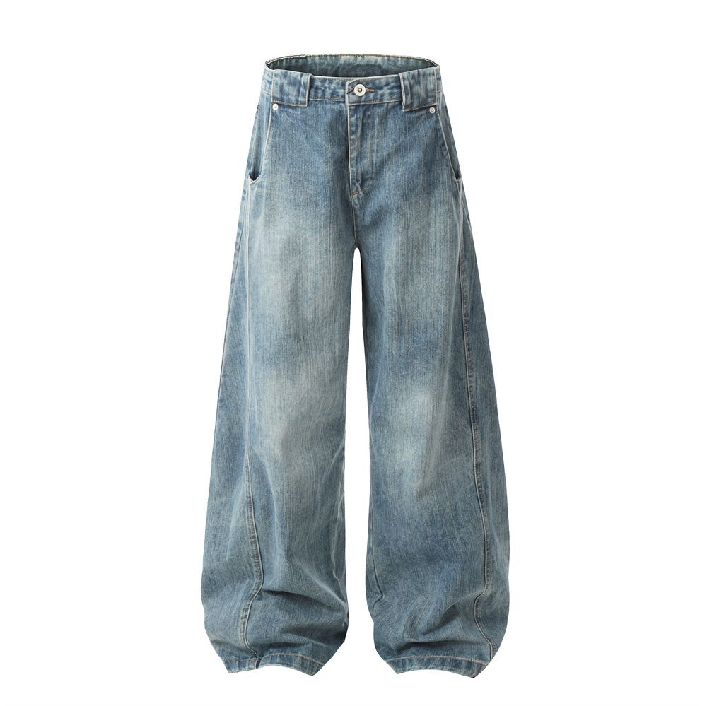 Men's Clothing Washed distressed jeans for men American street style tie dye stitching deconstructed casual trousers loose wide leg mopping trousers_viptrois.com