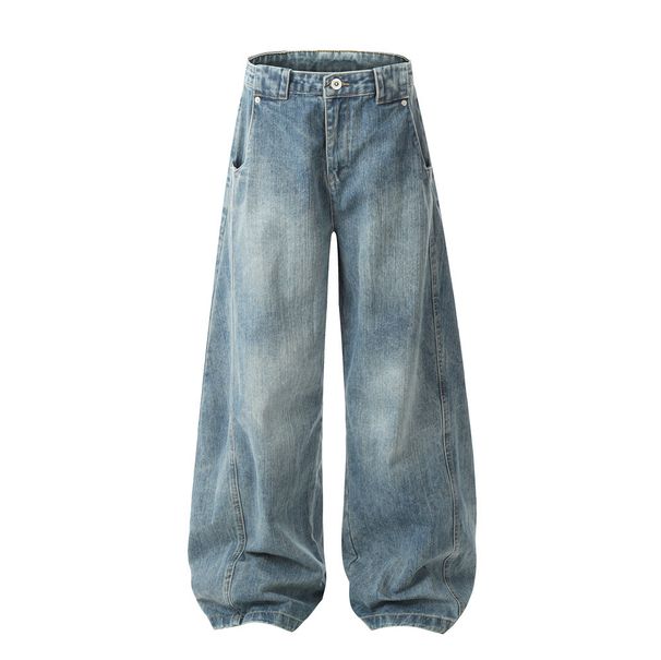 Men's Clothing Washed distressed jeans for men American street style tie dye stitching deconstructed casual trousers loose wide leg mopping trousers_viptrois.com