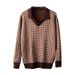 YWFG Men's Waffle Knit Sweater - Loose Fit V-Neck Pullover Long Sleeve Casual Top For Autumn (Brown, S/M/L/XL)_viptrois.com
