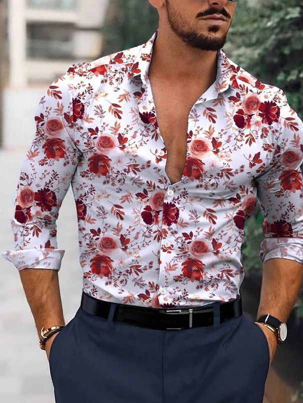Men's Clothing Long Sleeved Shirts Four Sided Stretch Floral Print Trendy Versatile Long Sleeves Shirt_viptrois.com