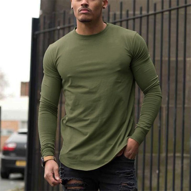 Solid Color Blank Fitns T-shirt For Men's Cotton Breathable Sports Autumn And Winter Fashion Trend Slim Fit Long_viptrois.com