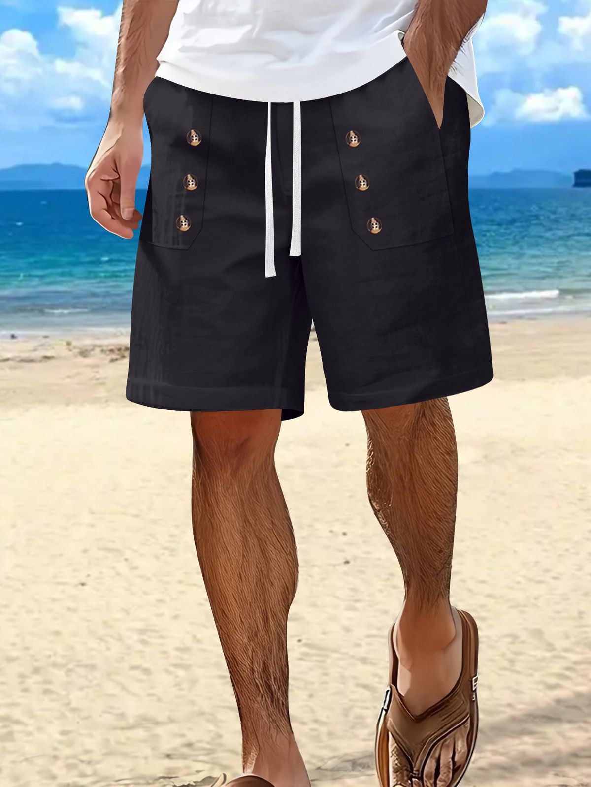 Men's Clothing Men's Summer Cotton And Linen Casual Shorts Beach Loose Straight Button Shorts_viptrois.com