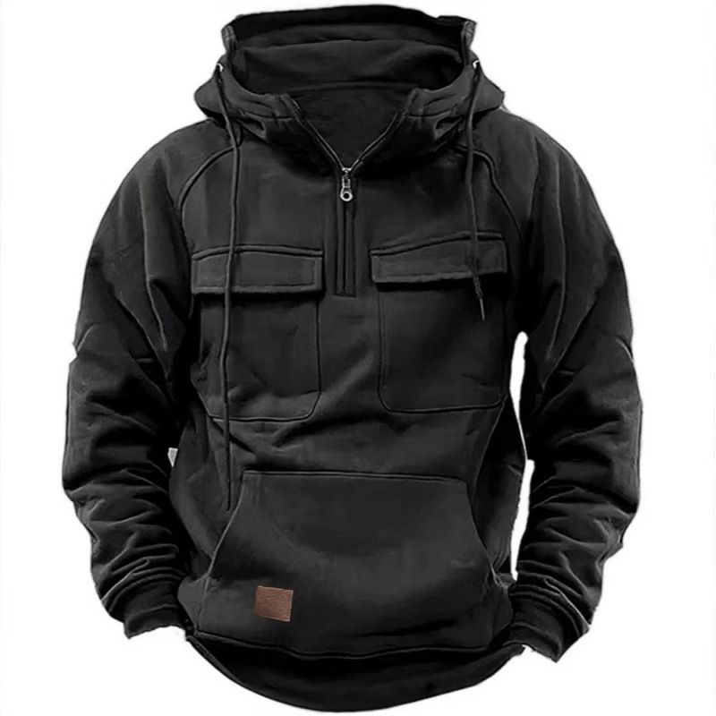 "Retro Men's Hooded Sweatshirt – Oversized Fit With Leather Patch Pockets (Navy/Black/Army Green/Khaki, S-XXL)"_viptrois.com