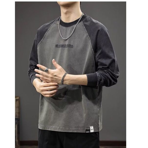 American Casual Embroidery Letter Long-sleeved T-shirt Men's Trendy Brand Shoulder Sleeves Loose And Fat Plus Size Pure Cotton Top_viptrois.com