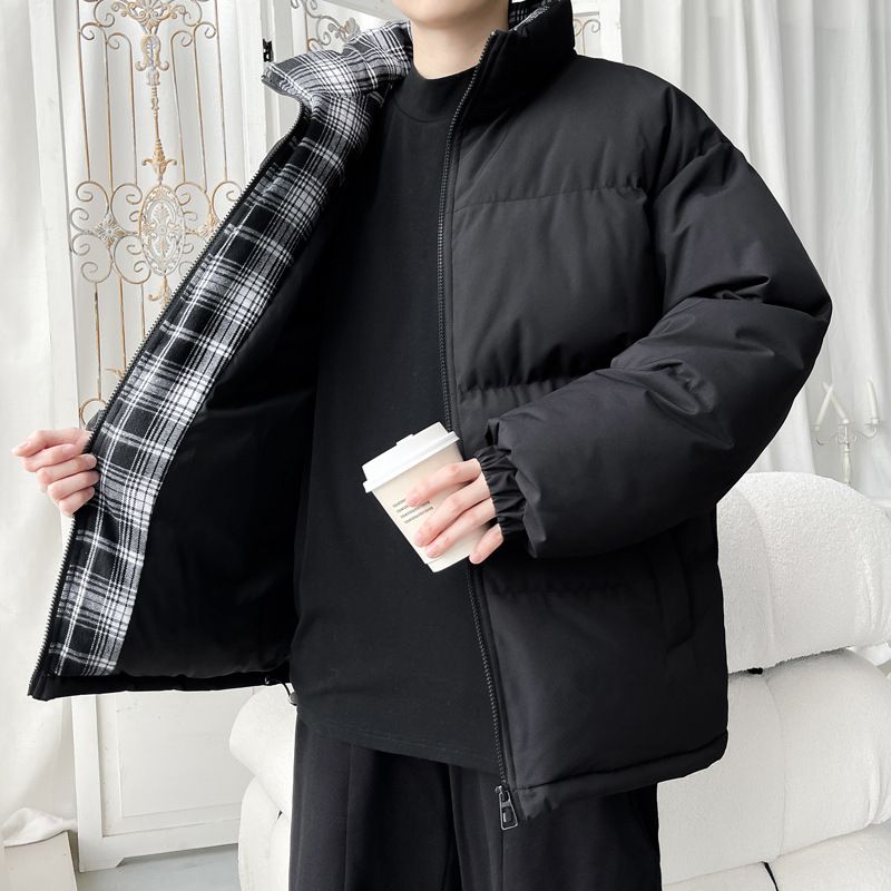 Men's Plaid Stand Collar Puffer Jacket – Winter Warm Quilted Coat With Fleece Lining (M-5XL, Beige/Black/Blue)_viptrois.com