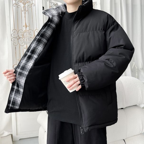 Men's Plaid Stand Collar Puffer Jacket – Winter Warm Quilted Coat With Fleece Lining (M-5XL, Beige/Black/Blue)_viptrois.com