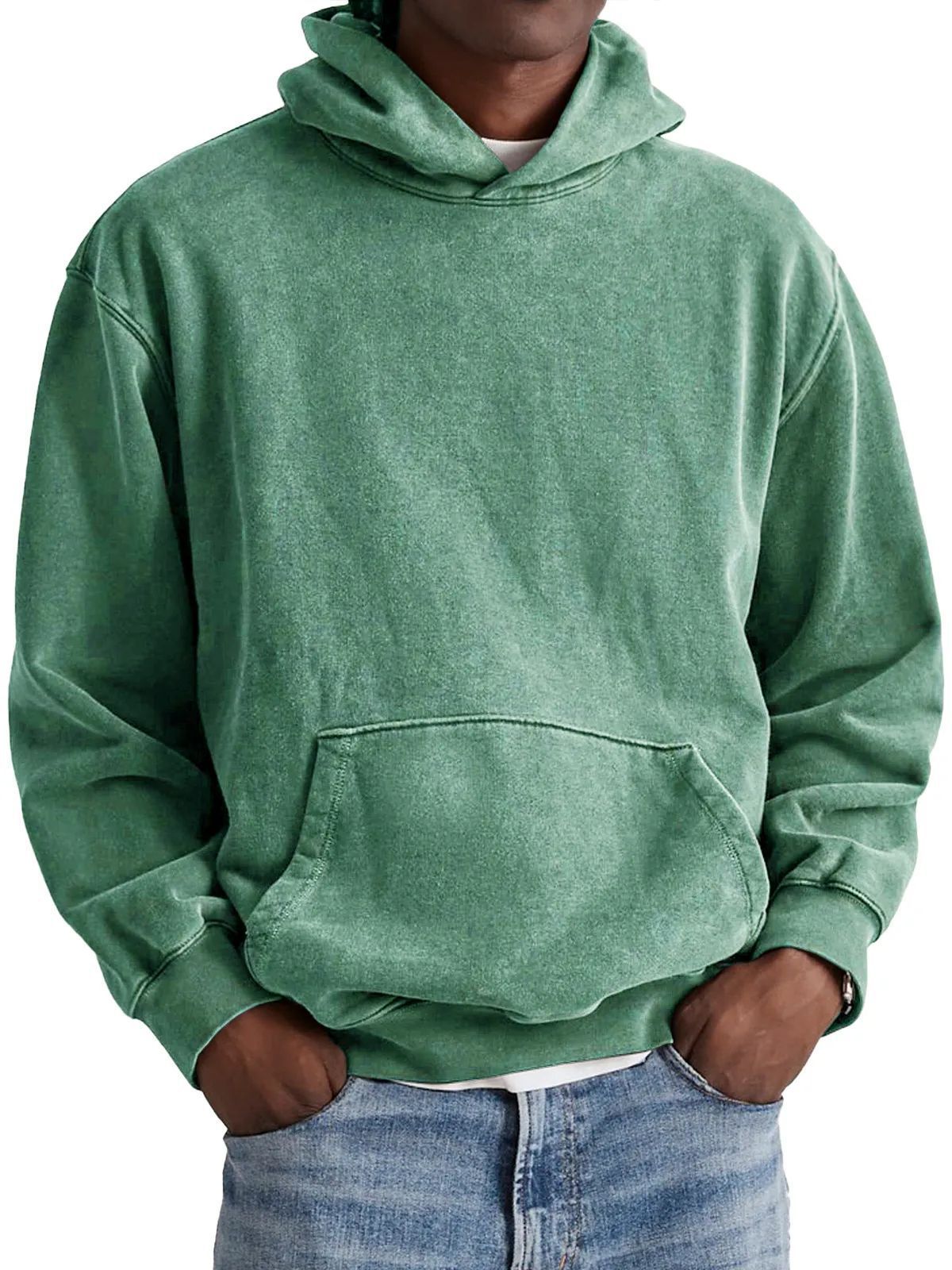 Men’s Vintage Washed Cotton Hoodie – Distressed Pullover With Patch Pockets In Army Green/Black/Brick Red_viptrois.com