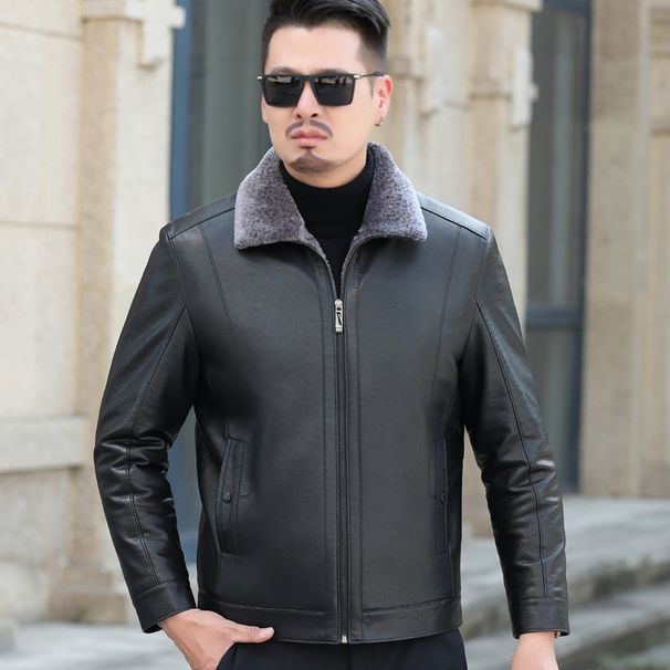 "Men's Genuine Goat Leather Jacket – Classic Short Lapel Design With Fur & Velvet Lining, Mid-Length Casual Coat For Winter"_viptrois.com
