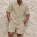Men's Clothing New Fashion Waffle Solid Color Lapel Polo Shirt Short Sleeve Shorts Sports Suit_viptrois.com