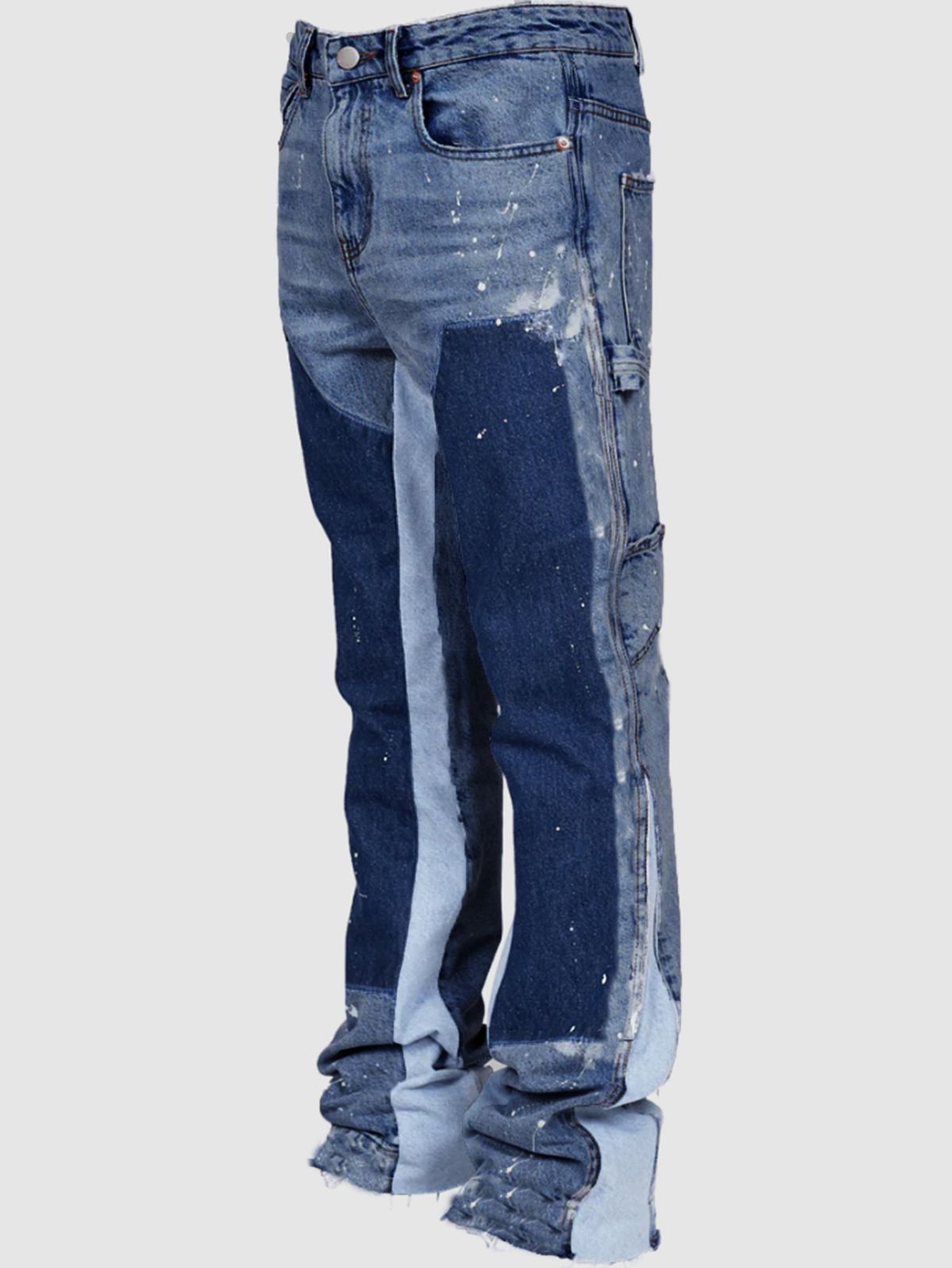 Men's Distressed Denim Overalls - Y2K Streetwear Jumpsuit With Elastic Patches & Flared Leg (Vintage Wash, Black/Blue)_viptrois.com