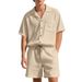 Men's 2 Piece Suit Lapel Cardigan And Shorts Set Summer Vertical Striped Solid Color Short Sleeved American Style_viptrois.com