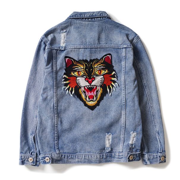 Men's Clothing fashion brand exquisitely embroidered cat head denim jacket trendy men's style student ripped couple's shirt_viptrois.com