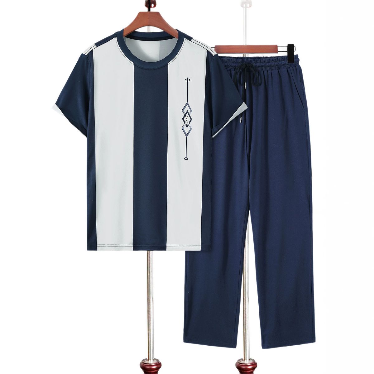 Men's Summer Sportswear Casual Everyday round Neck Color Blocked Two Piece Set Short Sleeved Shirt And Trousers Wholesale_viptrois.com