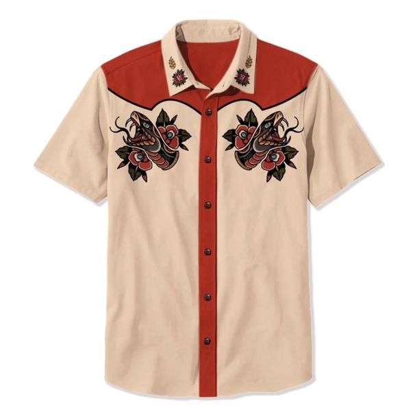 Men's Clothing Retro Western Cowboy Style Printed Holiday Casual Men's Lapel Short Sleeved Shirt_viptrois.com