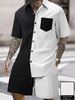 Men's Summer Casual Outfit Short Sleeve Lapel Shirt And Shorts Set Solid Color with Color Block Pocket_viptrois.com