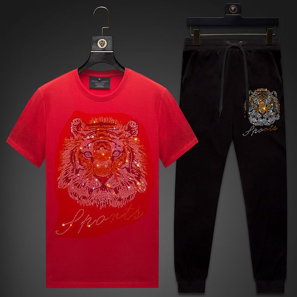 Men's Clothing Men's Casual Suit Hot Diamond Tiger Head Ice Mercerized Cotton Men's Clothing New Short Sleeved T Shirt Men's Slim Large Size_viptrois.com