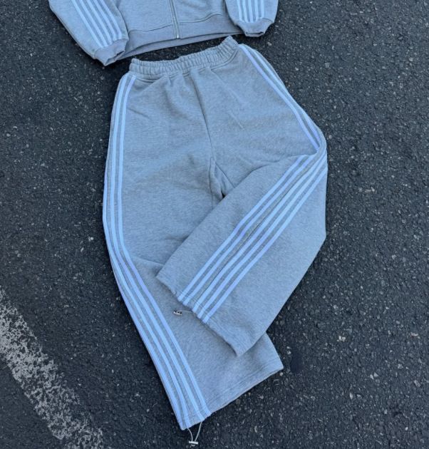 Unisex Striped Casual Hoodie Set With 3D Embroidery Design - Spring Couple Outfits In Grey (S/M/L/XL)_viptrois.com