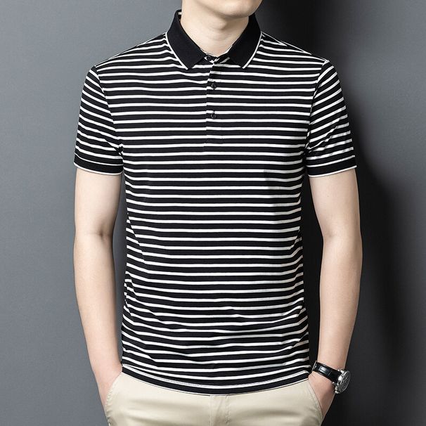 Summer Short Polo Shirt Men's Lapel Embroidered Striped Half Sleeved T-Shirt Fashionable Urban New Top_viptrois.com
