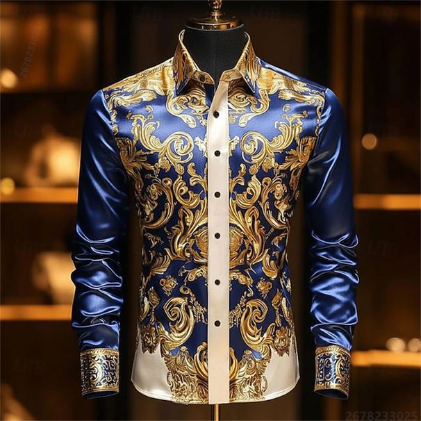Men's Long Sleeve Dress Shirt With 3D Baroque Gold Print, Slim Fit For Business Banquet, Sizes XS-6XL_viptrois.com