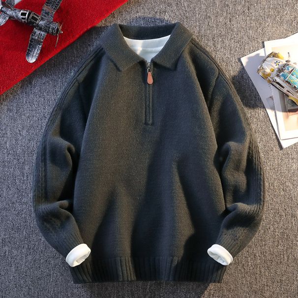 Men's Half-Zip Polo Knit Sweater – Oversized Casual Pullover With Stand Collar In Charcoal, Black & Beige_viptrois.com