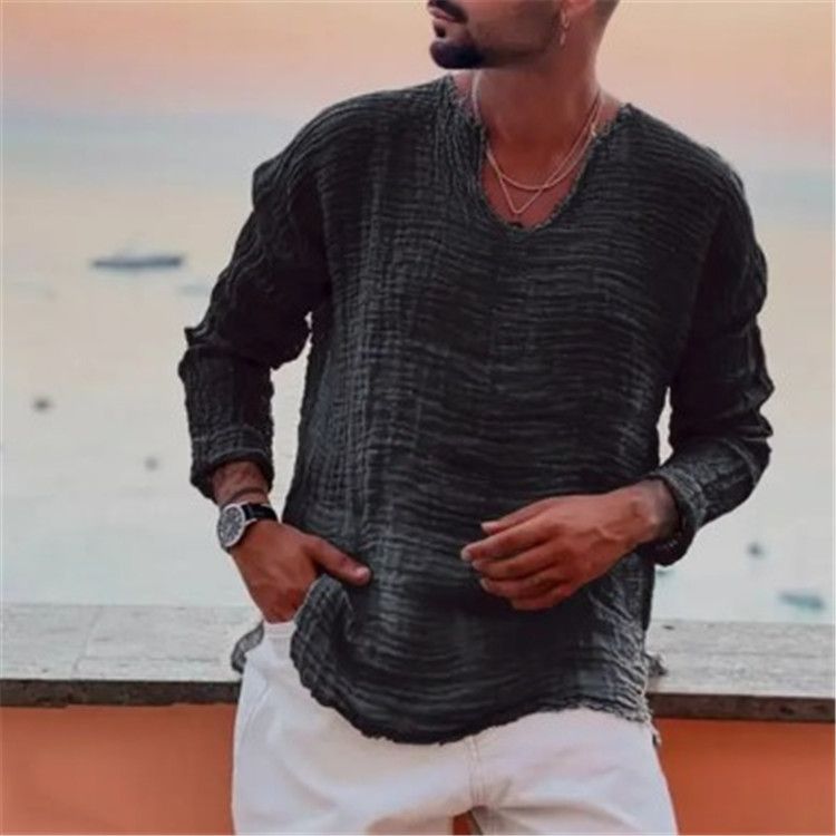Men's Clothing Men's Youth Linen Casual Loose V Neck Washed And Worn Edge Long Sleeved Shirt_viptrois.com